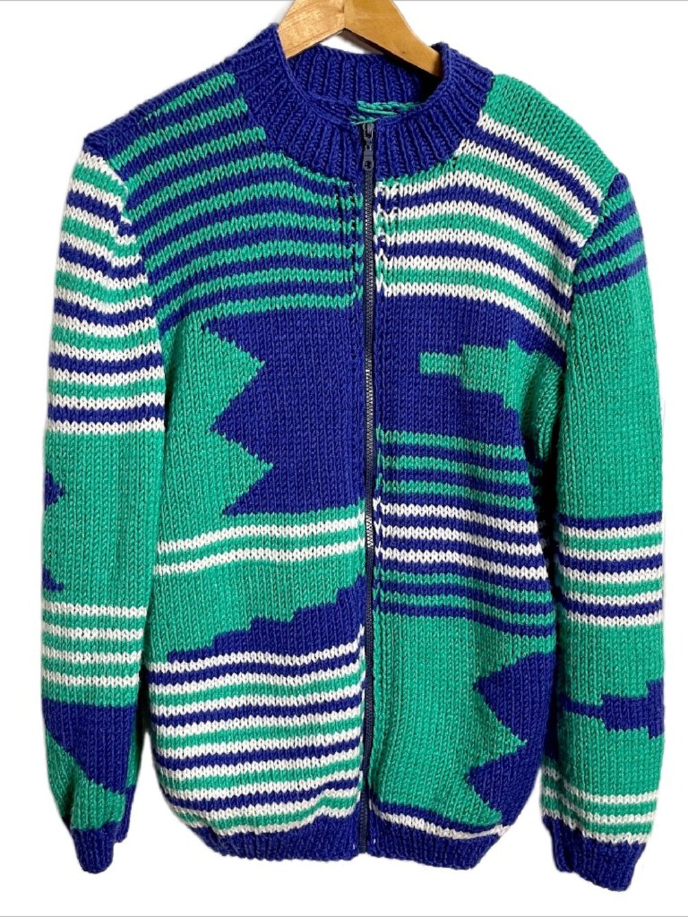 Vintage 1980s Hand Knit Zip Sweater Jacket - Unisex - Womens M/L, Mens S